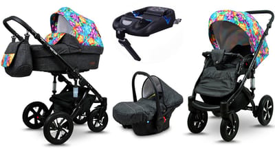 BabyLux® Kinderwagen 4in1 – SKY LARK - Paint Flowers BLACK FRAME - Opklapbare Wandelwagen incl. Reiswieg, Multifunctionele Buggy Sportstoel, Autostoel, ISOFIX basisstation - Combi-kinderwagen met Luiertas, Regenhoes, Klamboe