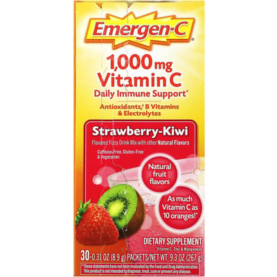 Emergen-C, Vitamine C, Mélange pour Boisson Pétillante Aromatisée, Fraise Kiwi, 1 000 mg, Paquets de 30, 8,9 g (0,31 oz) Chaque