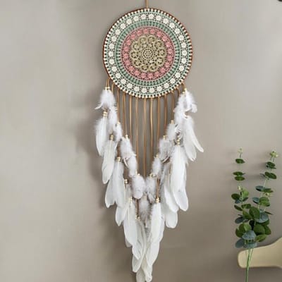 VHV - Dromenvanger - Wanddecoratie - Slaapkamer decoratie - Dromenvanger met veren - Ronde dromenvanger - Boho wanddecoratie - Decoratie hanger - Cadeau dromenvanger - Voor slaapkamer - Voor woonkamer - Voor cadeau