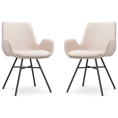 Nolon Noa-Eef Eetkamerstoelen Set van 2 Beige - met Armleuning - Stof - Zwart Metalen Onderstel - Lage Armleuning - Industrieel - Design
