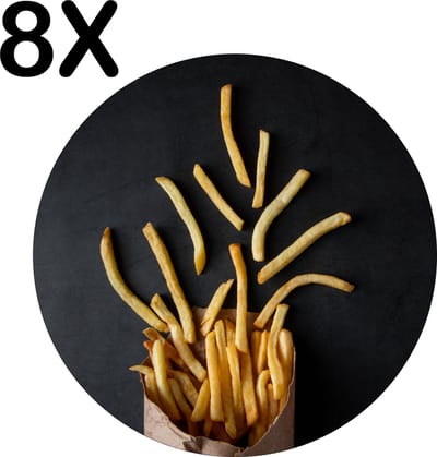 Luxe Ronde Placemat - Frietjes op een Donkere Ondergrond - Set van 8 Placemats - 50x50 cm - 2 mm dik Vinyl - Anti Slip - Afneembaar