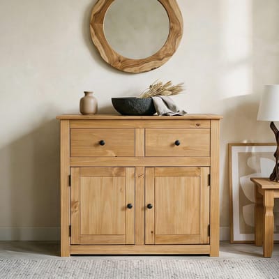 CottageLuxe Cancun Dressoir 93x40x81 cm van Massief Grenenhout – Landelijke Sideboard Kast met 2 Laden en Deuren, Gewaxt en Gebeitst Houtdesign, Moderne Opbergkast voor Woonkamer