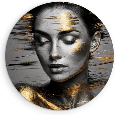 Saammp Muurcirkel Hout - Vrouw met goude vegen - abstract - Ø 90 - Wandcirkel - Wanddecoratie Cirkel - Muurdecoratie Woonkamer - Slaapkamer decoratie - Rond Schilderij