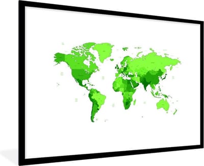 Poster in lijst - Fotolijst 90x60 cm - Posters - Wereldkaart - Trendy - Groen - Posterlijst zwart - Decoratie - Wanddecoratie woonkamer - Muurdecoratie slaapkamer