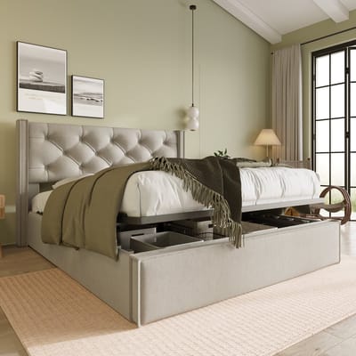DESMIU Gestoffeerd Bed 140x200 cm – Tweepersoonsbed met Opbergruimte – Opklapbare Lattenbodem – Retro Stijl – Katoen – Lichtgrijs – Zonder Matras