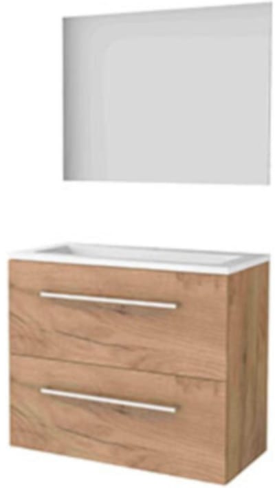 Basic-Line Ultimate 39 Badkamermeubelset - Ondiep - 80 x 39 cm - Met Grepen - 2 Lades - Acryl Wastafel - 1 Kraangat - Spiegel met Indirecte LED Verlichting - Whisky Oak
