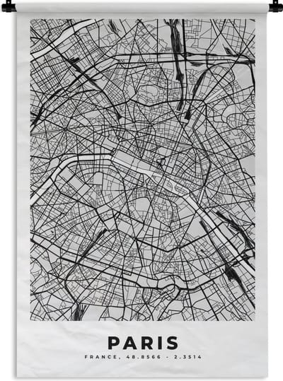 Wandkleed - Wanddoek - Kaart - Stadskaart - Parijs - Plattegrond - Frankrijk - 120x180 cm - Wandtapijt