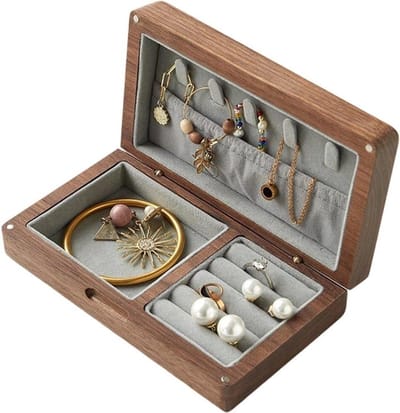 Houten Sieradenkist - Opbergdoos Decoratief - Sieraden Opbergen - Met Fluweel Gevoerd - 16.5 cm - Donker