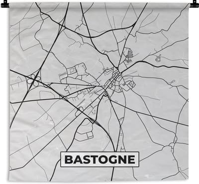 Wandkleed - Wanddoek - Zwart Wit – België – Plattegrond – Stadskaart – Kaart – Bastogne - 180x180 cm - Wandtapijt
