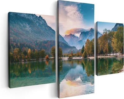 Artaza Canvas Schilderij Drieluik Meer In De Bergen Met Een Geit Standbeeld - 90x60 - Foto Op Canvas - Canvas Print