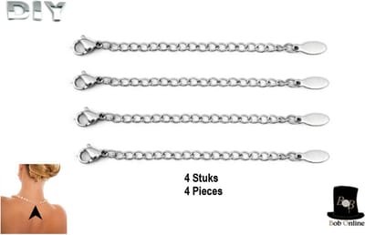 Bob Online™ - 4 Stuks - RVS 9mm Karabijn Verlengketting – 5cm Lang met 4*10mm Label – 4 Pcs – S/Steel – 9mm Lobster Claw Clasp with 5cm Long Chain & 4*10mm Oval Tag – Verlengstukje DIY Sieraden Maken Online™ - 4 Stuks – 9mm Karabijn– Zilverkleurig