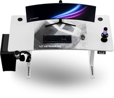 Ultradesk LEVEL V2 – Bureau voor Gaming, Home Office & Kantoor – Wit – Elektrisch verstelbaar – Incl. XL Muismat & Accessoires