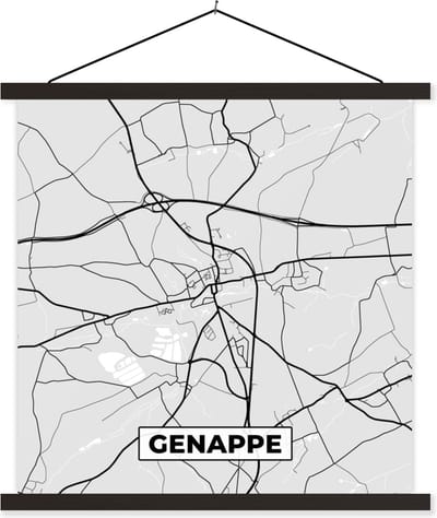 Posterhanger incl. Poster 60x60 cm - Schoolplaat - Stadskaart – Plattegrond – België – Zwart Wit – Genappe – Kaart - Textielposter - Zwarte latten - Stadskaart