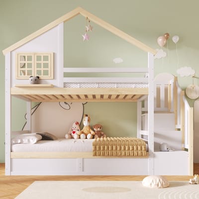 VVBV Kinderstapelbed Huisbed 90x200 cm met Hydraulische Opbergruimte, Huisdesign - Wit/Naturel