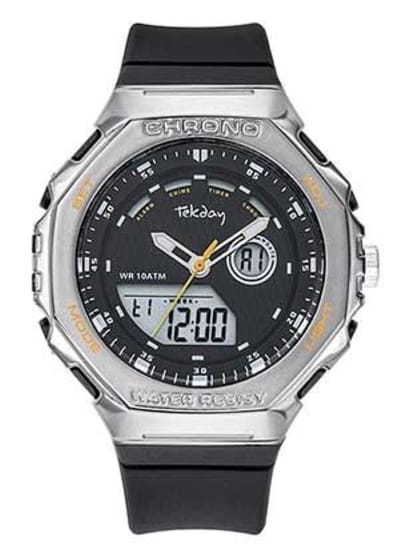 Tekday-Analoog/Digitaal-Alarm-Timer-Chrono-EL-Datum-10ATM-Zwarte silicone band-46MM