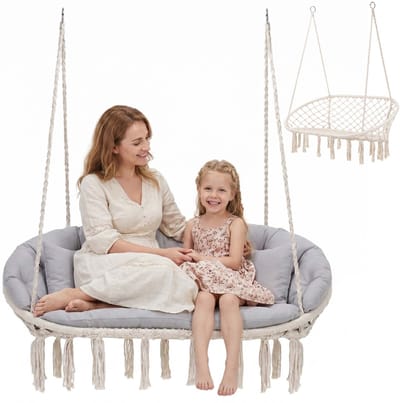 Springos Hangstoel | Binnen & Buiten | Met 2 Kussens | Belastbaar tot 300 kg | 130 x 66 cm | Crème