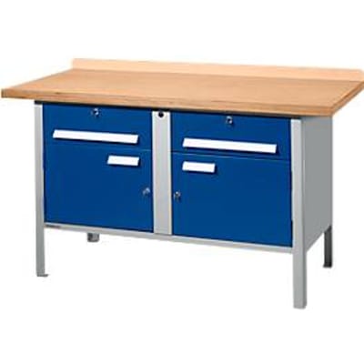 Schäfer Shop Select PWi 150-0 werkbank met kasten, beuken multiplexplaat, tot 750 kg, B 1500 x D 700 x H 840 mm, gentiaanblauw/blank aluminium