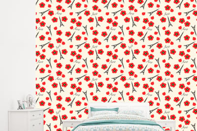 Behang - Fotobehang Patronen - Parijs - Eiffeltoren - Bloemen - Breedte 245 cm x hoogte 220 cm