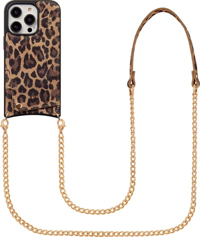 Casies leren panterprint hoesje geschikt voor Apple iPhone 14 met bandolier koord en pasjeshouder - 100% echt leer - Leopard - Telefoonhoesje met gouden koord en stukje panterprint leer