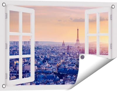 Gards Tuinposter Doorkijk Skyline van Parijs tijdens Zonsondergang - 60x40 cm - Tuindoek - Tuindecoratie - Wanddecoratie buiten - Tuinschilderij