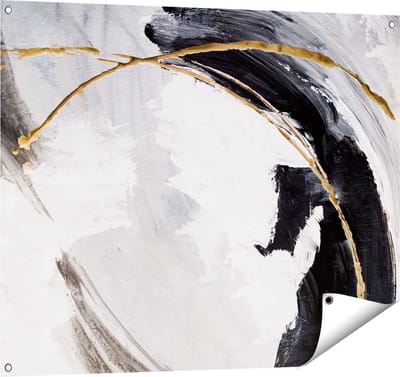 Gards Tuinposter Abstracte Kunst - Wit met Zwart en Goud - 100x80 cm - Tuindoek - Tuindecoratie - Wanddecoratie buiten - Tuinschilderij