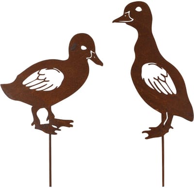 Dekoratief | Tuinprikker m/eendje, roest, metaal, 9x23cm, set van 2 stuks | A260496