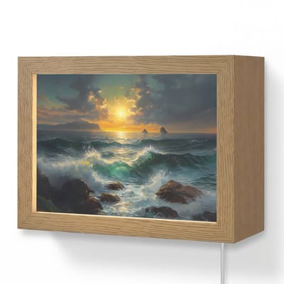Wandlamp 20x15 cm - Oplaadbaar - Zee - Zon - Golven - Rotsen - Wandlampen binnen woonkamer - Slaapkamer lamp met kabel - Decoratieve nachtlamp - Vloerlamp snoer
