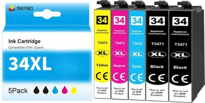 INKFIND 34XL T3476 inktcartridge 5 Pack (Zwart*2+Cyaan+Magenta+Geel) compatibel met Epson T3471/T3471/T3472/T3473/T3474 voor EPSON WorkForce Pro WF-3720DWF, WF3720, WF3725, WF-3720, WF-3725, EPSON WorkForce Pro WF-3725DWF - 5-pack BK/C/M/Y