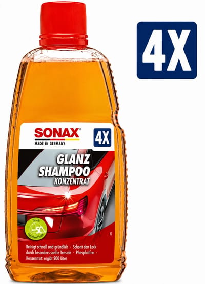 Sonax Glanz-Shampoo Concentraat 1 Liter pH-Neutraal voor Autowas - Set van 4 Flessen (4 L Totaal) - Voordeelverpakking Auto Schoonmaakmiddel