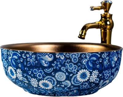 Ronde Keramische Opzetwastafel - Blauw-Wit Porselein Decoratief Wastijdel