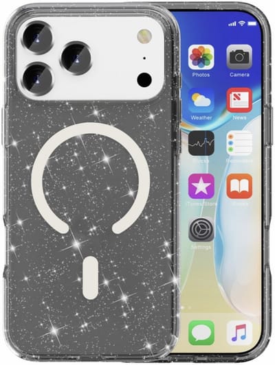 YPCd Glitter Hoesje met MagSafe Geschikt voor Apple iPhone 17 Pro Max – Flexibel TPU Backcover – Schokabsorberend & Verhoogde Randen – Zwart