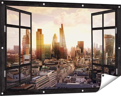 Gards Tuinposter Doorkijk Londen bij Zonsondergang in een Moderne Wijk - 120x80 cm - Tuindoek - Tuindecoratie - Wanddecoratie buiten - Tuinschilderij