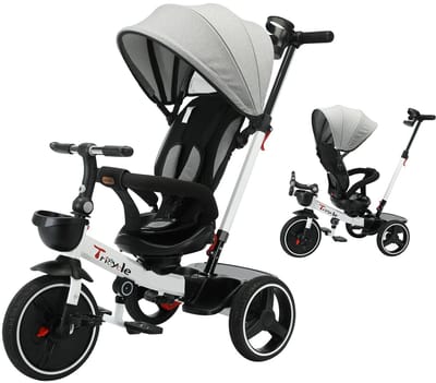 6-in-1 Baby Driewieler – Veilige Comfortabele en Meegroeiende Duwfiets met Ouderbesturing - Verstelbare Luifel en Schokabsorberende Wielen