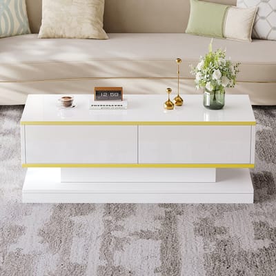 Pugsdrly 100*50*38 cm Glanzende salontafel, salontafel met 2 grote lades, unieke salontafel, warm wit + gouden rand salontafel, bijzettafel met smal midden en brede boven- en onderkant