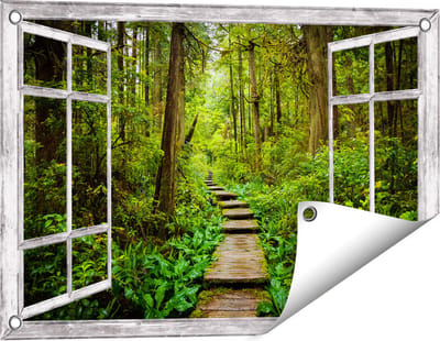 Gards Tuinposter Doorkijk Voetpad in het Bos met Groene Planten - 60x40 cm - Tuindoek - Tuindecoratie - Wanddecoratie buiten - Tuinschilderij