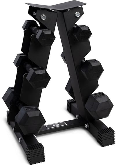 Gym Masters Dumbbell Set 1-3-5 kg (Totaal 18 kg) + Dumbbell Rek – Hexagon Dumbbells Voordeelset – 6 Fitness Gewichten – Zwart