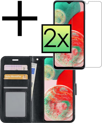 Hoesje - Met 2x Screenprotector - Geschikt voor Samsung Galaxy A23 - Luxe Pasjeshouder - Bookcase Portemonee - Flip Case - Kunstleer Book Case - Flipcase Hoes - Book Cover - Walletcase - Portemonneehoes - Zwart