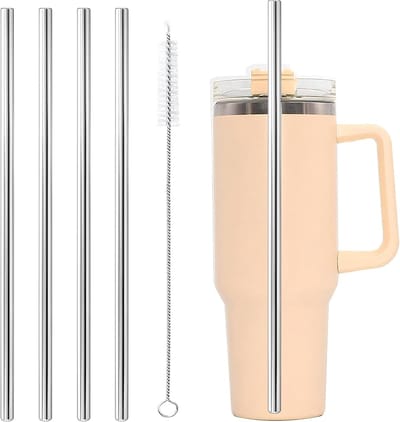 4 Stuks roestvrijstalen vervangende rietjes - voor Stanley 1200 ml beker - 30mm*0.8mm - Roestvrijstalen rietje - Inclusief rietjesborstel - herbruikbare - Vaatwasserbestendig - Geschikt voor milkshakes en cocktails - zilver