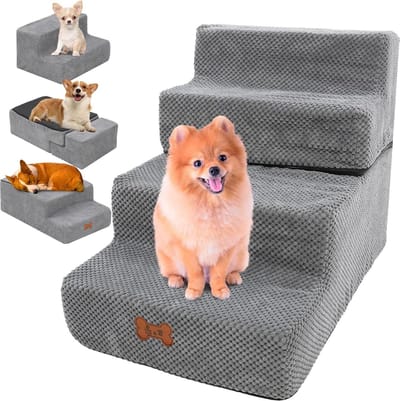 Hondentrap - kleine honden - 4 treden - 44 cm hoog - afneembaar - wasbaar - zacht vallend - huisdiertrap van schuim - antislip - kattentrap voor bed - bank - buiten