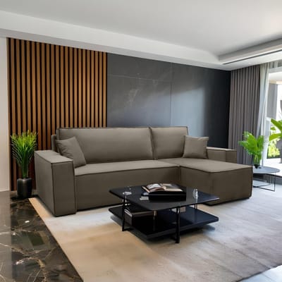 Hoekbank Frenkie - Universeel - Velvet - Taupe - Fluweel - Slaapbank met opbergruimte - Lounge Links of Rechts - Direct Leverbaar - Hoekzetel - Chaise longue - Zetel met slaapgedeelte - 3 zits - Zitcomfort Medium