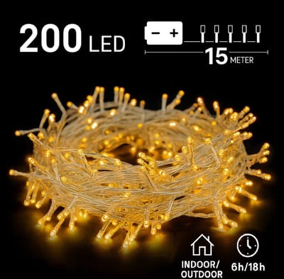 200 LED - Batterij - 15m - Warm Wit Licht - Met Timer - Ideaal voor Binnen en Buiten - Perfect voor Kerstdecoratie