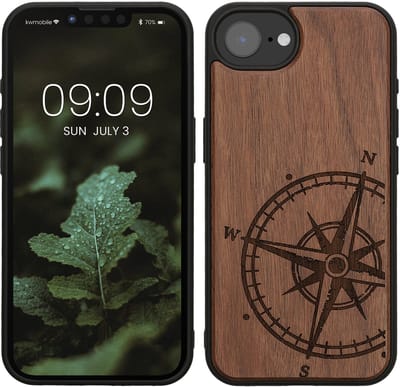 kwmobile telefoonhoesje geschikt voorApple iPhone 17e / iPhone 16e - Hoesje met bumper - hout - In donkerbruin Vintage Kompas design