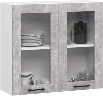 Vitrinekast, Keukenkast modulaire OLIWIA W80 H720 met 2 Deuren / Hangkast / Bovenkast / AKORD Furniture Factory / Wit – Beton Grijs / 80 x 72 x 30 cm