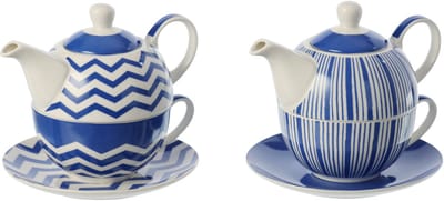 J-Line theepot - porselein - blauw/wit - set van 2
