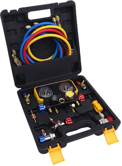 Dailygoods- HVAC Verdeelstuk 4-Weg - Kleurgecodeerde Slangen - Vervanging voor R410A/R32/R134A/R22 - Nauwkeurige Metingen - Professioneel en Thuisgebruik - Koelmiddelset