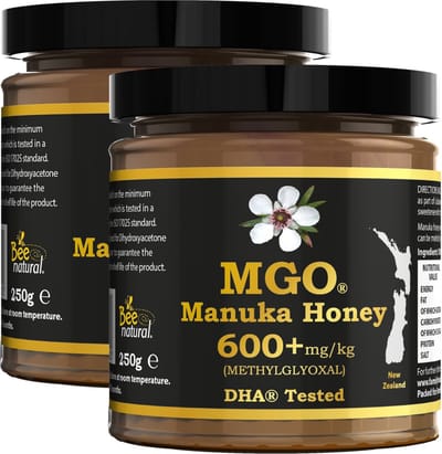 Bee Natural MGO 600+ Manuka Honing in een milieuvriendelijke echt glazen pot van ongekleurd glas * 2x 250G Premium Monoflorale ManukaHoning uit Nieuw-Zeeland # T.h.t. 01-11-2028 # MGO 400 = UMF 12, 420 450 = UMF 13, 514 550 = UMF 15, 600 625 = UMF 16