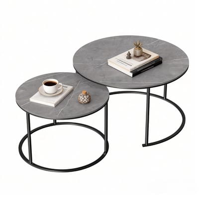 FATIVO Salontafels Rond - stapelbare Bijzettafel - set van 2 - Donkergrijze Marmer Look - zwart metalen frame - Ø80 & Ø60cm