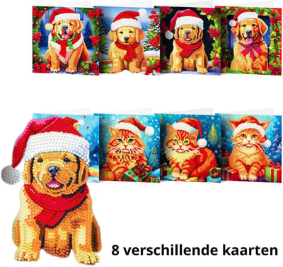 IZGO Diamond Painting Kaarten – 8 Wenskaarten met envelop - Zonder Tekst - Volwassenen – Volledig Pakket - Diamant schilderen - Kerst - Puppies en Kittens