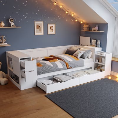 REDOM kinderbed en dagbed 90x200 cm – MDF wit – Multifunctioneel (bed/dagbed) – Grote lade (58 cm diep) + opbergvak + nachtkastje (duw- & treksysteem) – Afgeronde hoeken – 200 kg