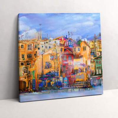 Wallfluent Foto Op Canvas Olieverfschilderij van stadsarchitectuur - 60 x 60 cm - Veelkleurig Schilderij Canvas - Steden Canvas Doek Foto - Imitatie van een olieverfschilderij Schilderij Doek - Steden Schilderijen Op Canvas Doek